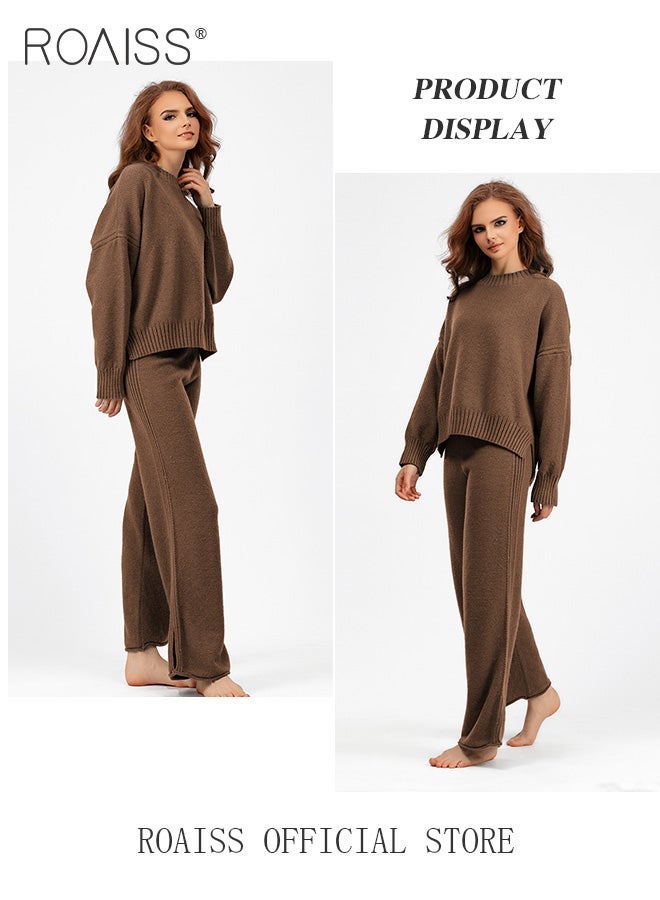 roaiss Women 2 Piece Outfits, Oversized Knitted Suit with Pullover Sweater and Wide Leg Pants, Comfortable Lounge Set for Ladies, Suitable for Daily Wear, Homewear or Any Casual Occasion - Image 5